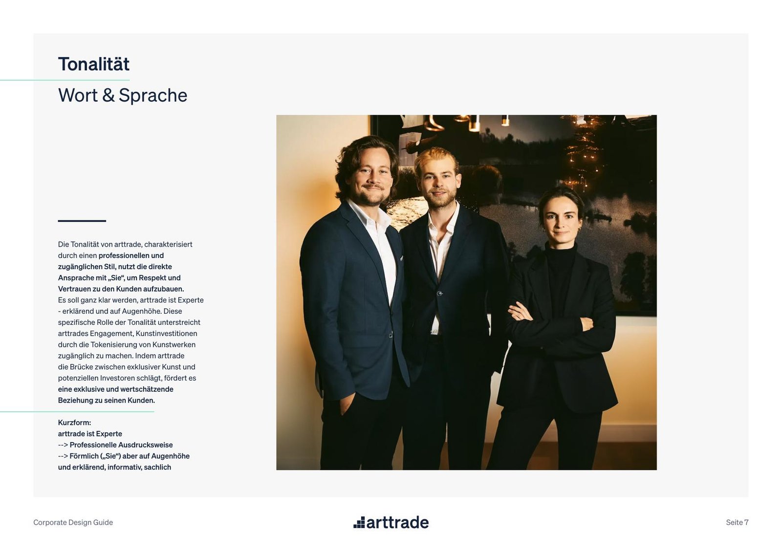 Vollständige Seite 7 des arttrade Corporate Design Guides zur Tonalität